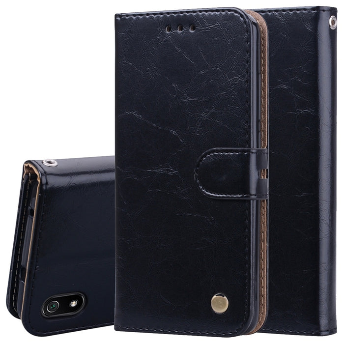 Estuche de cuero con tapa horizontal con textura de cera de aceite de estilo comercial para Xiaomi Redmi 7A, con soporte y ranuras para tarjetas y billetera, For Xiaomi Redmi 7A