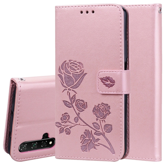 Estuche de cuero de PU con tapa horizontal en relieve rosa con soporte y ranuras para tarjetas y billetera, for Huawei Honor 20, for Huawei Honor 20 Pro, for Xiaomi Redmi K20 / K20 Pro, for Xiaomi Redmi 7A