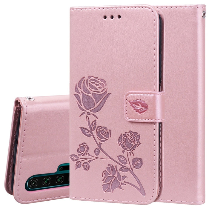 Estuche de cuero de PU con tapa horizontal en relieve rosa con soporte y ranuras para tarjetas y billetera, for Huawei Honor 20, for Huawei Honor 20 Pro, for Xiaomi Redmi K20 / K20 Pro, for Xiaomi Redmi 7A