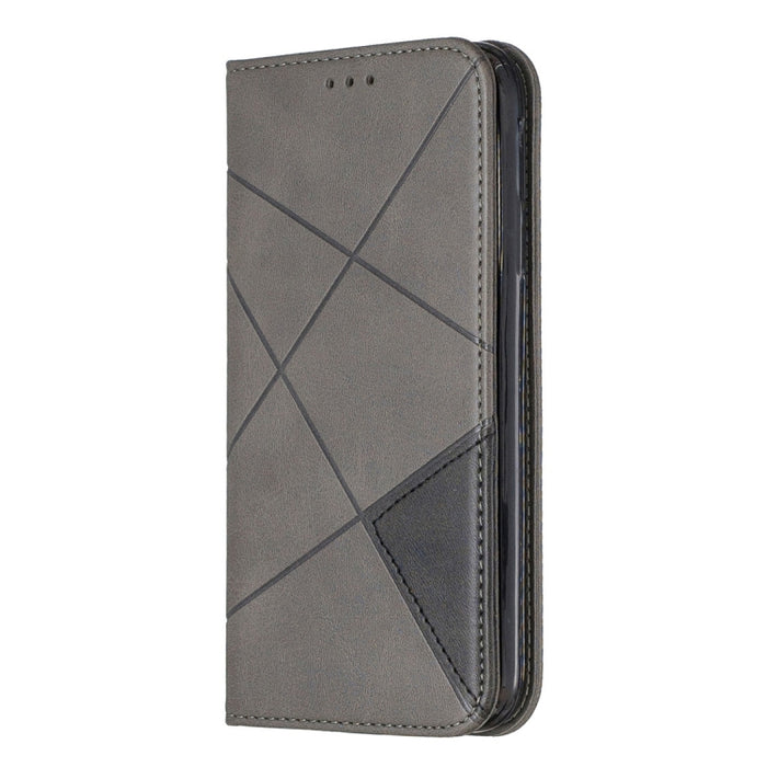 Estuche de cuero magnético con tapa horizontal con textura de rombos con soporte y ranuras para tarjetas y billetera