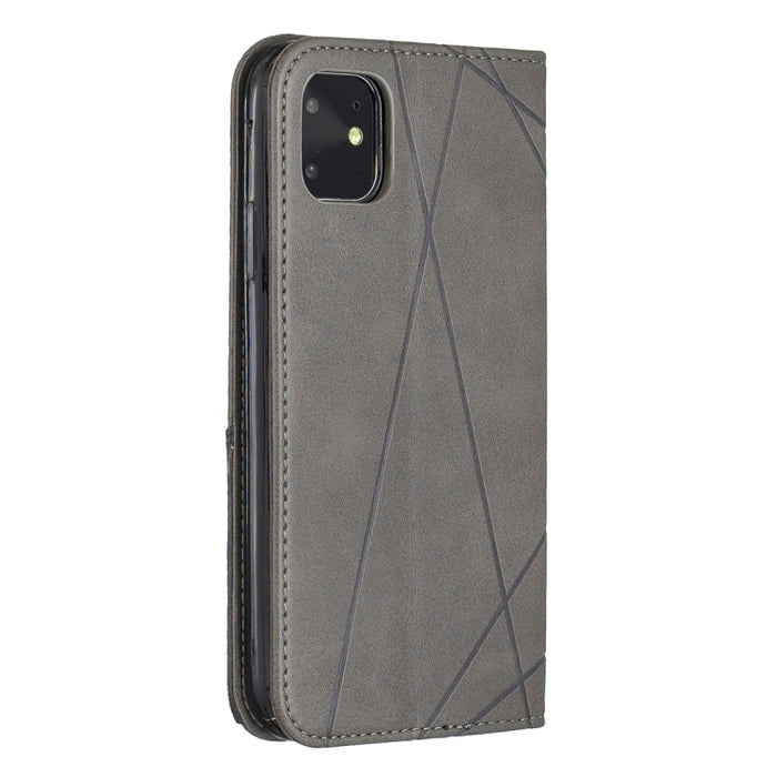 Estuche de cuero magnético con tapa horizontal con textura de rombos con soporte y ranuras para tarjetas y billetera