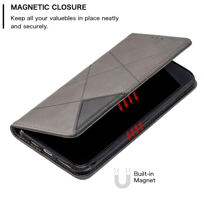Estuche de cuero magnético con tapa horizontal con textura de rombos con soporte y ranuras para tarjetas y billetera
