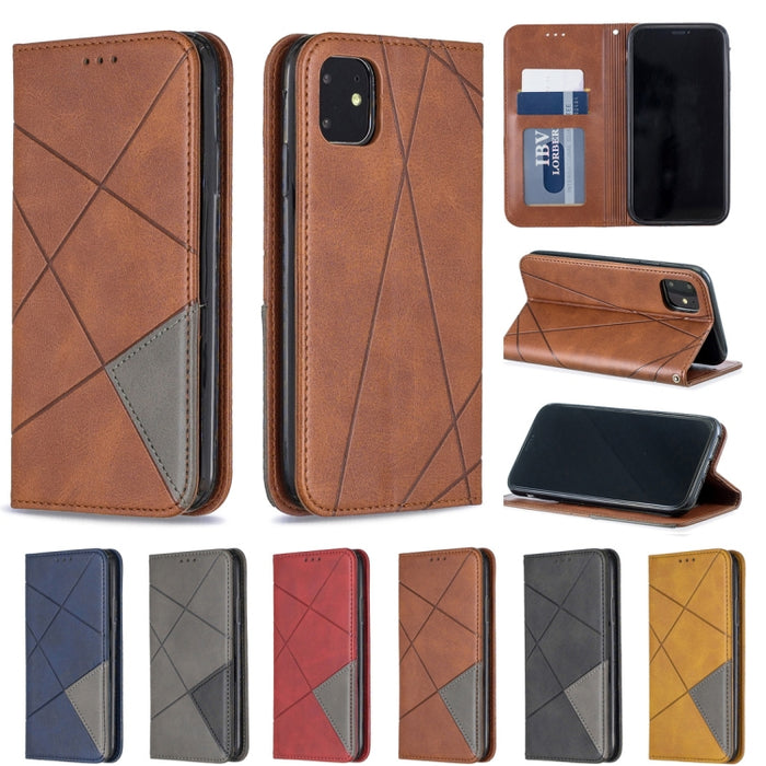Estuche de cuero magnético con tapa horizontal con textura de rombos con soporte y ranuras para tarjetas y billetera