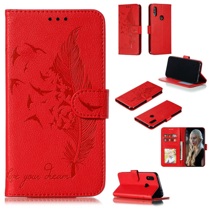 Estuche de cuero con tapa horizontal con textura de litchi con patrón de plumas con billetera y soporte y ranuras para tarjetas, For Xiaomi Redmi 7, For Xiaomi Redmi 7A, For Xiaomi Redmi K20, For Xiaomi Redmi Note 7, For Xiaomi Mi 9, For Xiaomi Mi 9 SE...