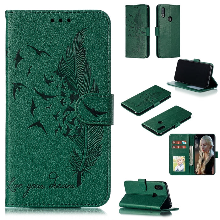 Estuche de cuero con tapa horizontal con textura de litchi con patrón de plumas con billetera y soporte y ranuras para tarjetas, For Xiaomi Redmi 7, For Xiaomi Redmi 7A, For Xiaomi Redmi K20, For Xiaomi Redmi Note 7, For Xiaomi Mi 9, For Xiaomi Mi 9 SE...
