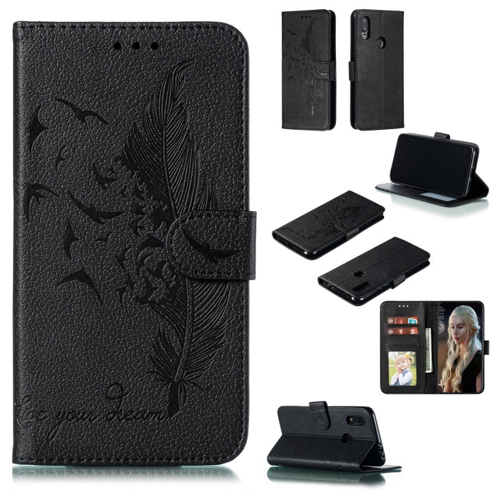 Estuche de cuero con tapa horizontal con textura de litchi con patrón de plumas con billetera y soporte y ranuras para tarjetas, For Xiaomi Redmi 7, For Xiaomi Redmi 7A, For Xiaomi Redmi K20, For Xiaomi Redmi Note 7, For Xiaomi Mi 9, For Xiaomi Mi 9 SE...