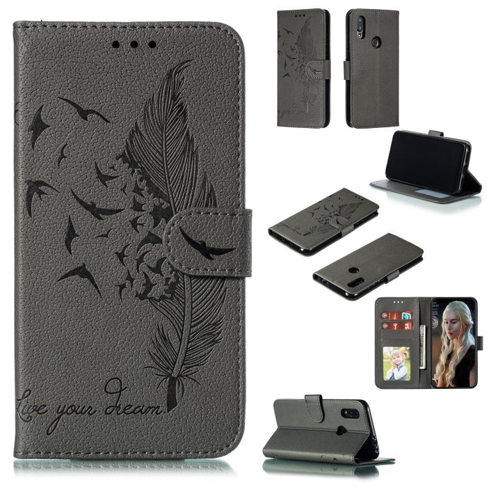 Estuche de cuero con tapa horizontal con textura de litchi con patrón de plumas con billetera y soporte y ranuras para tarjetas, For Xiaomi Redmi 7, For Xiaomi Redmi 7A, For Xiaomi Redmi K20, For Xiaomi Redmi Note 7, For Xiaomi Mi 9, For Xiaomi Mi 9 SE...