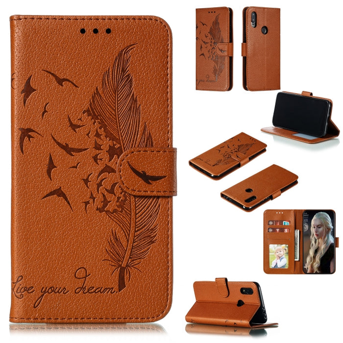 Estuche de cuero con tapa horizontal con textura de litchi con patrón de plumas con billetera y soporte y ranuras para tarjetas, For Xiaomi Redmi 7, For Xiaomi Redmi 7A, For Xiaomi Redmi K20, For Xiaomi Redmi Note 7, For Xiaomi Mi 9, For Xiaomi Mi 9 SE...