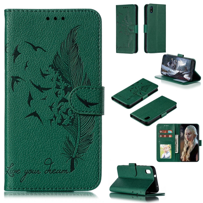 Estuche de cuero con tapa horizontal con textura de litchi con patrón de plumas con billetera y soporte y ranuras para tarjetas, For Xiaomi Redmi 7, For Xiaomi Redmi 7A, For Xiaomi Redmi K20, For Xiaomi Redmi Note 7, For Xiaomi Mi 9, For Xiaomi Mi 9 SE...