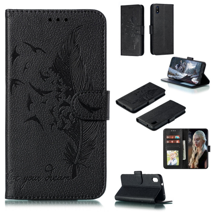 Estuche de cuero con tapa horizontal con textura de litchi con patrón de plumas con billetera y soporte y ranuras para tarjetas, For Xiaomi Redmi 7, For Xiaomi Redmi 7A, For Xiaomi Redmi K20, For Xiaomi Redmi Note 7, For Xiaomi Mi 9, For Xiaomi Mi 9 SE...