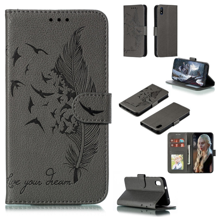 Estuche de cuero con tapa horizontal con textura de litchi con patrón de plumas con billetera y soporte y ranuras para tarjetas, For Xiaomi Redmi 7, For Xiaomi Redmi 7A, For Xiaomi Redmi K20, For Xiaomi Redmi Note 7, For Xiaomi Mi 9, For Xiaomi Mi 9 SE...