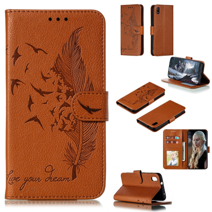 Estuche de cuero con tapa horizontal con textura de litchi con patrón de plumas con billetera y soporte y ranuras para tarjetas, For Xiaomi Redmi 7, For Xiaomi Redmi 7A, For Xiaomi Redmi K20, For Xiaomi Redmi Note 7, For Xiaomi Mi 9, For Xiaomi Mi 9 SE...