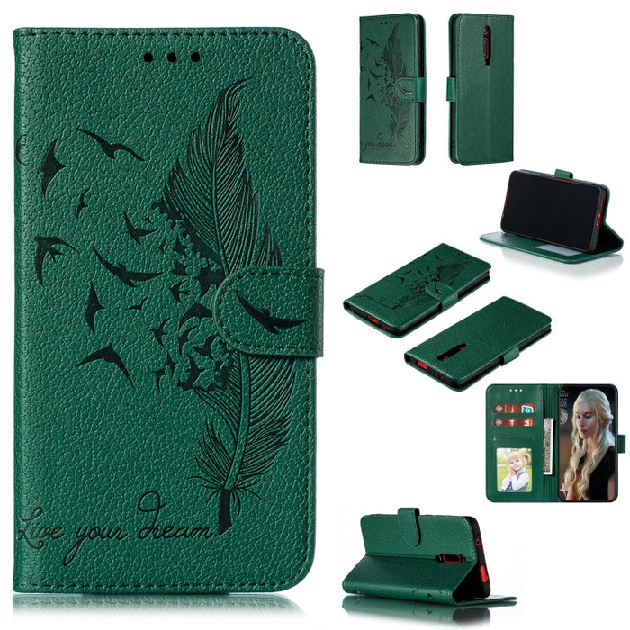 Estuche de cuero con tapa horizontal con textura de litchi con patrón de plumas con billetera y soporte y ranuras para tarjetas, For Xiaomi Redmi 7, For Xiaomi Redmi 7A, For Xiaomi Redmi K20, For Xiaomi Redmi Note 7, For Xiaomi Mi 9, For Xiaomi Mi 9 SE...