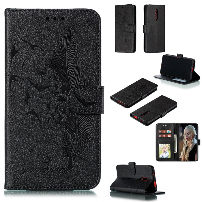 Estuche de cuero con tapa horizontal con textura de litchi con patrón de plumas con billetera y soporte y ranuras para tarjetas, For Xiaomi Redmi 7, For Xiaomi Redmi 7A, For Xiaomi Redmi K20, For Xiaomi Redmi Note 7, For Xiaomi Mi 9, For Xiaomi Mi 9 SE...