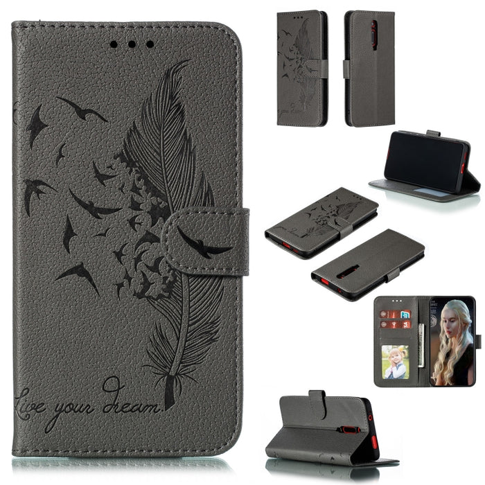 Estuche de cuero con tapa horizontal con textura de litchi con patrón de plumas con billetera y soporte y ranuras para tarjetas, For Xiaomi Redmi 7, For Xiaomi Redmi 7A, For Xiaomi Redmi K20, For Xiaomi Redmi Note 7, For Xiaomi Mi 9, For Xiaomi Mi 9 SE...