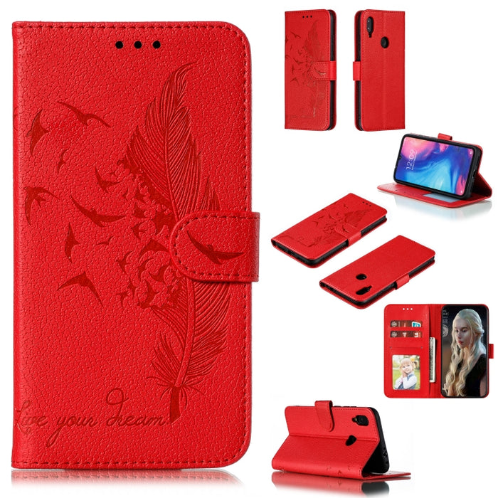 Estuche de cuero con tapa horizontal con textura de litchi con patrón de plumas con billetera y soporte y ranuras para tarjetas, For Xiaomi Redmi 7, For Xiaomi Redmi 7A, For Xiaomi Redmi K20, For Xiaomi Redmi Note 7, For Xiaomi Mi 9, For Xiaomi Mi 9 SE...