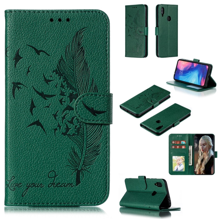 Estuche de cuero con tapa horizontal con textura de litchi con patrón de plumas con billetera y soporte y ranuras para tarjetas, For Xiaomi Redmi 7, For Xiaomi Redmi 7A, For Xiaomi Redmi K20, For Xiaomi Redmi Note 7, For Xiaomi Mi 9, For Xiaomi Mi 9 SE...