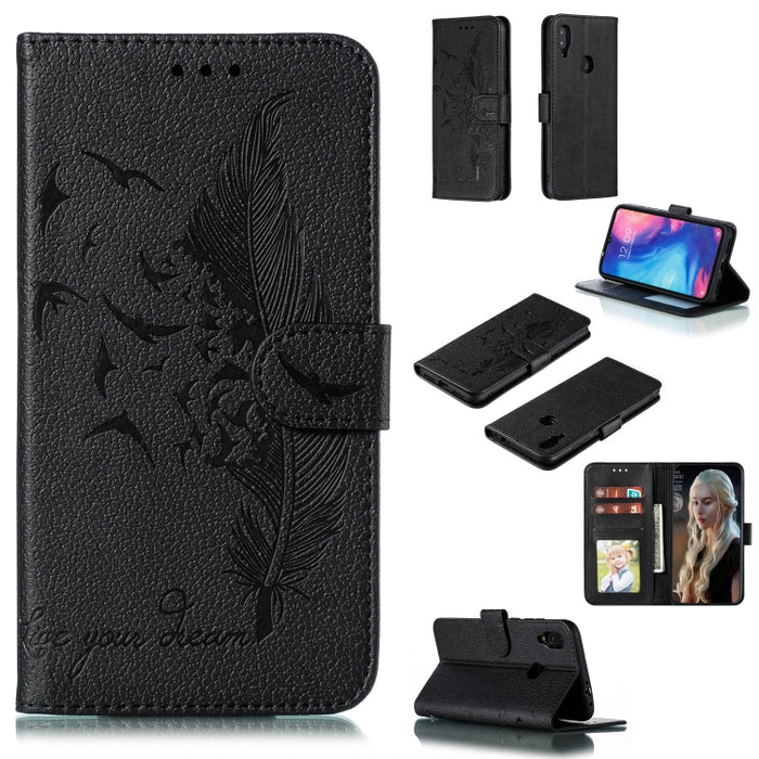 Estuche de cuero con tapa horizontal con textura de litchi con patrón de plumas con billetera y soporte y ranuras para tarjetas, For Xiaomi Redmi 7, For Xiaomi Redmi 7A, For Xiaomi Redmi K20, For Xiaomi Redmi Note 7, For Xiaomi Mi 9, For Xiaomi Mi 9 SE...