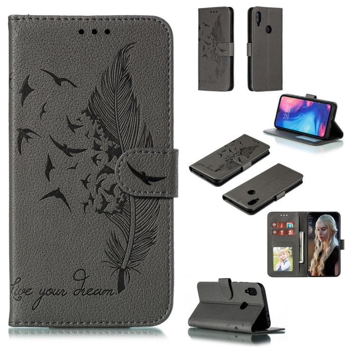 Estuche de cuero con tapa horizontal con textura de litchi con patrón de plumas con billetera y soporte y ranuras para tarjetas, For Xiaomi Redmi 7, For Xiaomi Redmi 7A, For Xiaomi Redmi K20, For Xiaomi Redmi Note 7, For Xiaomi Mi 9, For Xiaomi Mi 9 SE...