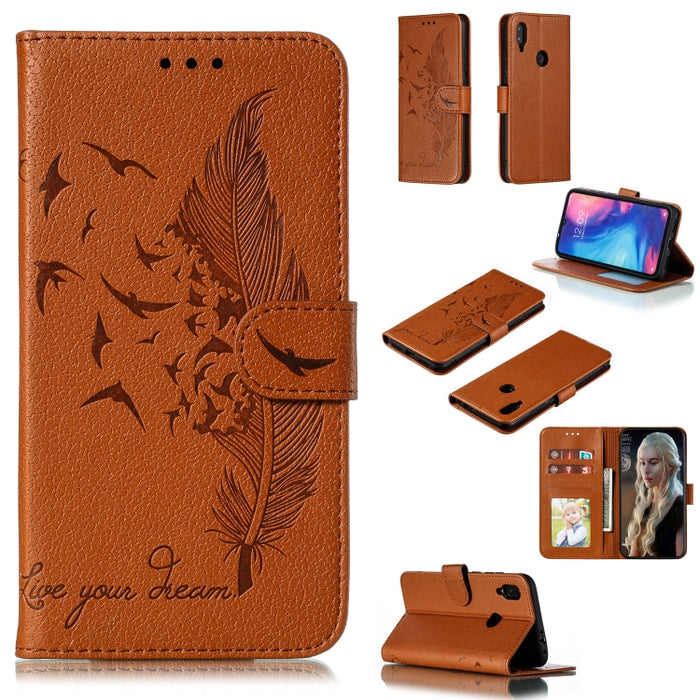 Estuche de cuero con tapa horizontal con textura de litchi con patrón de plumas con billetera y soporte y ranuras para tarjetas, For Xiaomi Redmi 7, For Xiaomi Redmi 7A, For Xiaomi Redmi K20, For Xiaomi Redmi Note 7, For Xiaomi Mi 9, For Xiaomi Mi 9 SE...