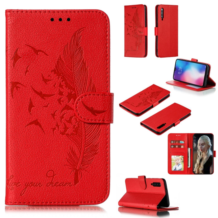 Estuche de cuero con tapa horizontal con textura de litchi con patrón de plumas con billetera y soporte y ranuras para tarjetas, For Xiaomi Redmi 7, For Xiaomi Redmi 7A, For Xiaomi Redmi K20, For Xiaomi Redmi Note 7, For Xiaomi Mi 9, For Xiaomi Mi 9 SE...