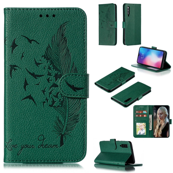 Estuche de cuero con tapa horizontal con textura de litchi con patrón de plumas con billetera y soporte y ranuras para tarjetas, For Xiaomi Redmi 7, For Xiaomi Redmi 7A, For Xiaomi Redmi K20, For Xiaomi Redmi Note 7, For Xiaomi Mi 9, For Xiaomi Mi 9 SE...