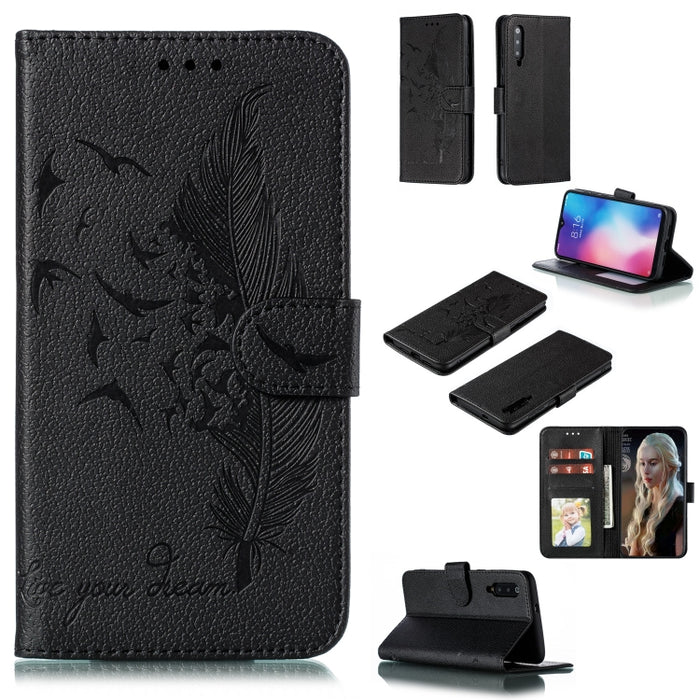 Estuche de cuero con tapa horizontal con textura de litchi con patrón de plumas con billetera y soporte y ranuras para tarjetas, For Xiaomi Redmi 7, For Xiaomi Redmi 7A, For Xiaomi Redmi K20, For Xiaomi Redmi Note 7, For Xiaomi Mi 9, For Xiaomi Mi 9 SE...