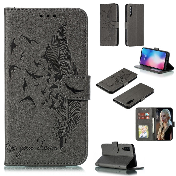 Estuche de cuero con tapa horizontal con textura de litchi con patrón de plumas con billetera y soporte y ranuras para tarjetas, For Xiaomi Redmi 7, For Xiaomi Redmi 7A, For Xiaomi Redmi K20, For Xiaomi Redmi Note 7, For Xiaomi Mi 9, For Xiaomi Mi 9 SE...