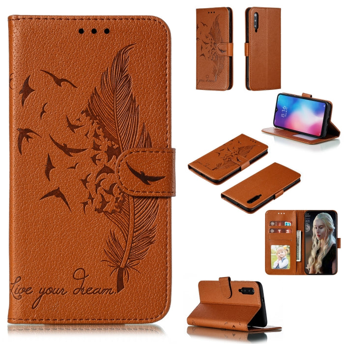 Estuche de cuero con tapa horizontal con textura de litchi con patrón de plumas con billetera y soporte y ranuras para tarjetas, For Xiaomi Redmi 7, For Xiaomi Redmi 7A, For Xiaomi Redmi K20, For Xiaomi Redmi Note 7, For Xiaomi Mi 9, For Xiaomi Mi 9 SE...