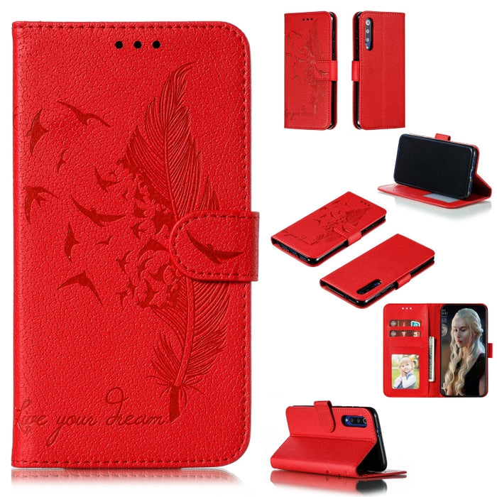 Estuche de cuero con tapa horizontal con textura de litchi con patrón de plumas con billetera y soporte y ranuras para tarjetas, For Xiaomi Redmi 7, For Xiaomi Redmi 7A, For Xiaomi Redmi K20, For Xiaomi Redmi Note 7, For Xiaomi Mi 9, For Xiaomi Mi 9 SE...