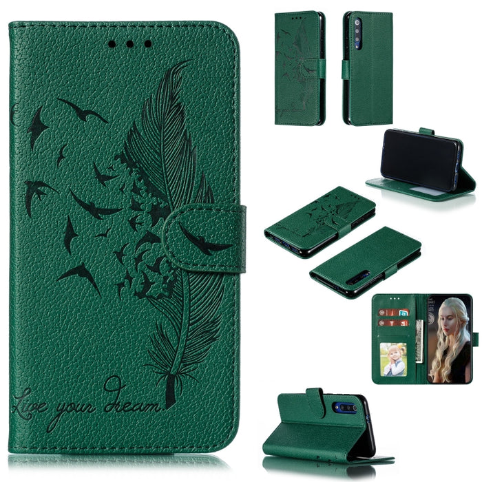 Estuche de cuero con tapa horizontal con textura de litchi con patrón de plumas con billetera y soporte y ranuras para tarjetas, For Xiaomi Redmi 7, For Xiaomi Redmi 7A, For Xiaomi Redmi K20, For Xiaomi Redmi Note 7, For Xiaomi Mi 9, For Xiaomi Mi 9 SE...