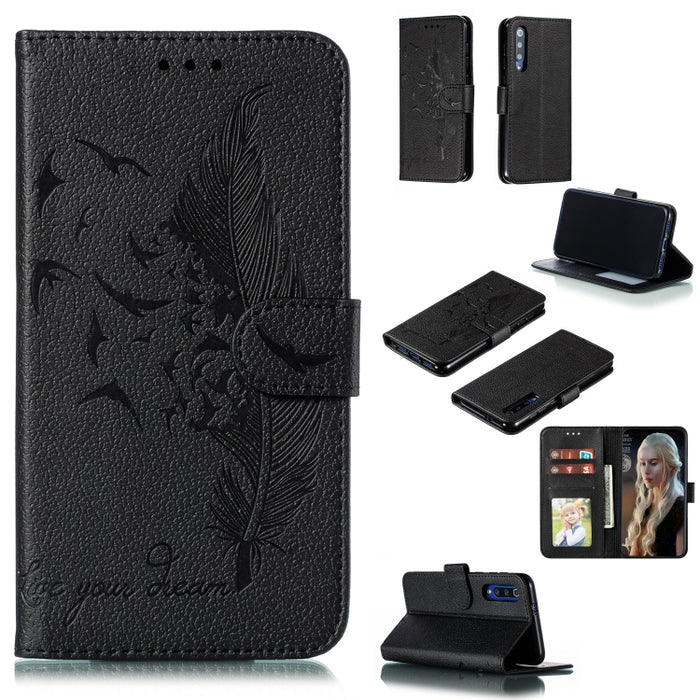 Estuche de cuero con tapa horizontal con textura de litchi con patrón de plumas con billetera y soporte y ranuras para tarjetas, For Xiaomi Redmi 7, For Xiaomi Redmi 7A, For Xiaomi Redmi K20, For Xiaomi Redmi Note 7, For Xiaomi Mi 9, For Xiaomi Mi 9 SE...