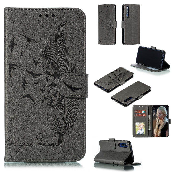 Estuche de cuero con tapa horizontal con textura de litchi con patrón de plumas con billetera y soporte y ranuras para tarjetas, For Xiaomi Redmi 7, For Xiaomi Redmi 7A, For Xiaomi Redmi K20, For Xiaomi Redmi Note 7, For Xiaomi Mi 9, For Xiaomi Mi 9 SE...