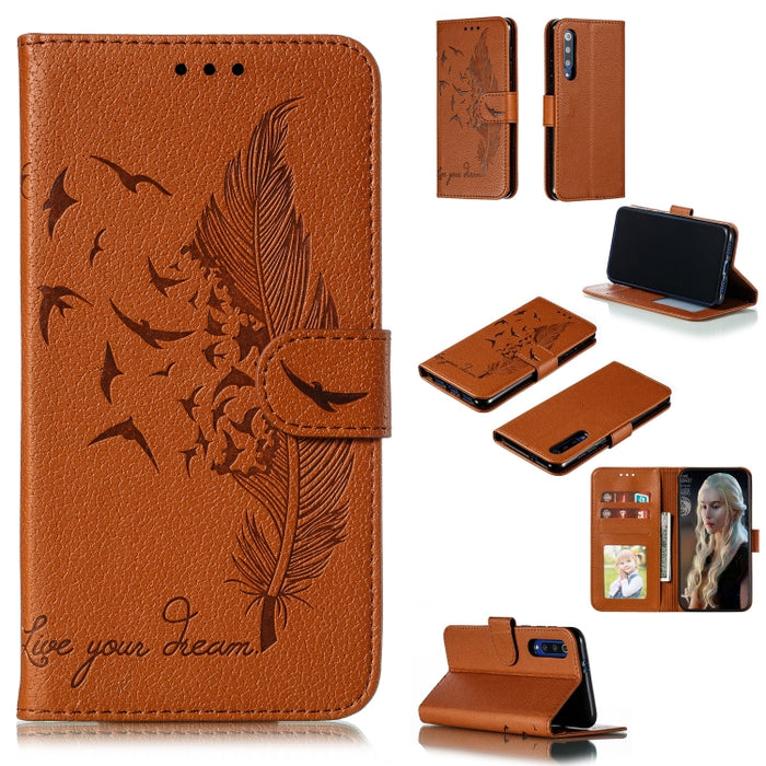 Estuche de cuero con tapa horizontal con textura de litchi con patrón de plumas con billetera y soporte y ranuras para tarjetas, For Xiaomi Redmi 7, For Xiaomi Redmi 7A, For Xiaomi Redmi K20, For Xiaomi Redmi Note 7, For Xiaomi Mi 9, For Xiaomi Mi 9 SE...