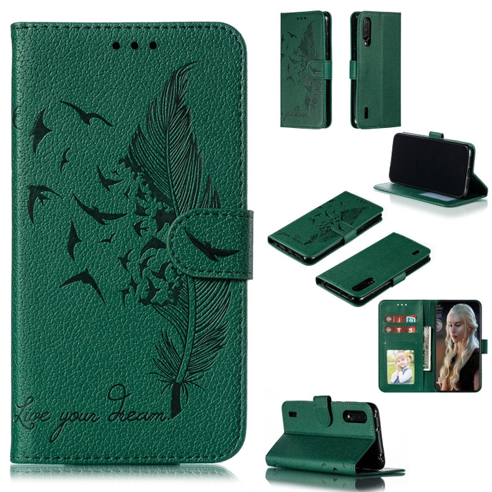 Estuche de cuero con tapa horizontal con textura de litchi con patrón de plumas con billetera y soporte y ranuras para tarjetas, For Xiaomi Redmi 7, For Xiaomi Redmi 7A, For Xiaomi Redmi K20, For Xiaomi Redmi Note 7, For Xiaomi Mi 9, For Xiaomi Mi 9 SE...