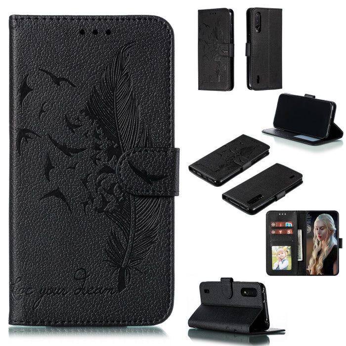 Estuche de cuero con tapa horizontal con textura de litchi con patrón de plumas con billetera y soporte y ranuras para tarjetas, For Xiaomi Redmi 7, For Xiaomi Redmi 7A, For Xiaomi Redmi K20, For Xiaomi Redmi Note 7, For Xiaomi Mi 9, For Xiaomi Mi 9 SE...