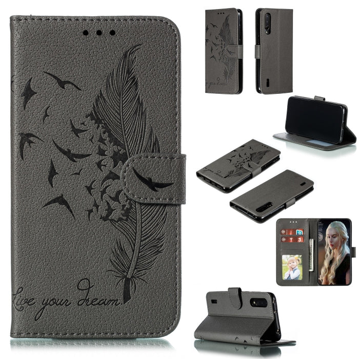 Estuche de cuero con tapa horizontal con textura de litchi con patrón de plumas con billetera y soporte y ranuras para tarjetas, For Xiaomi Redmi 7, For Xiaomi Redmi 7A, For Xiaomi Redmi K20, For Xiaomi Redmi Note 7, For Xiaomi Mi 9, For Xiaomi Mi 9 SE...