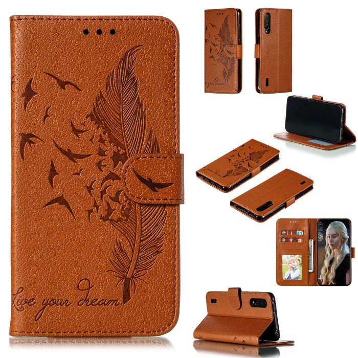 Estuche de cuero con tapa horizontal con textura de litchi con patrón de plumas con billetera y soporte y ranuras para tarjetas, For Xiaomi Redmi 7, For Xiaomi Redmi 7A, For Xiaomi Redmi K20, For Xiaomi Redmi Note 7, For Xiaomi Mi 9, For Xiaomi Mi 9 SE...
