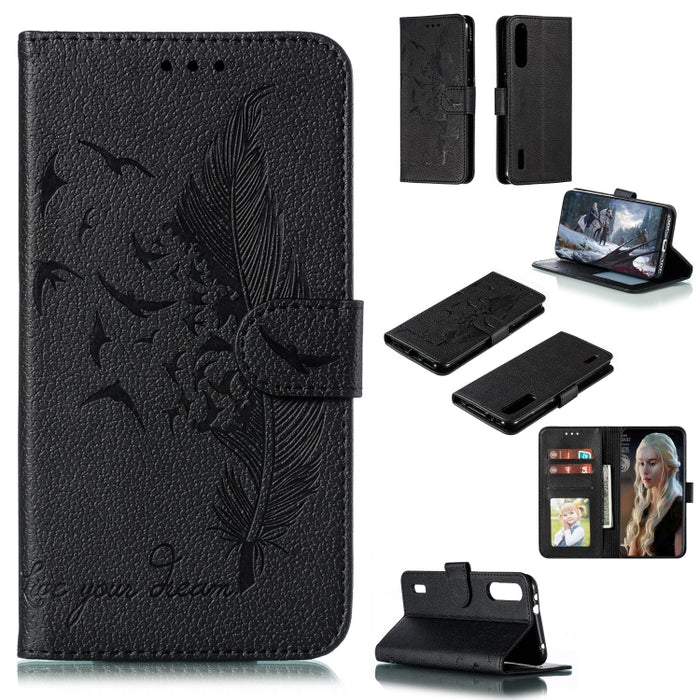 Estuche de cuero con tapa horizontal con textura de litchi con patrón de plumas con billetera y soporte y ranuras para tarjetas, For Xiaomi Redmi 7, For Xiaomi Redmi 7A, For Xiaomi Redmi K20, For Xiaomi Redmi Note 7, For Xiaomi Mi 9, For Xiaomi Mi 9 SE...