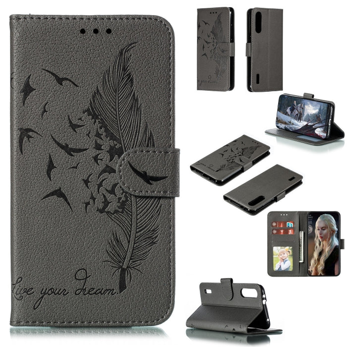 Estuche de cuero con tapa horizontal con textura de litchi con patrón de plumas con billetera y soporte y ranuras para tarjetas, For Xiaomi Redmi 7, For Xiaomi Redmi 7A, For Xiaomi Redmi K20, For Xiaomi Redmi Note 7, For Xiaomi Mi 9, For Xiaomi Mi 9 SE...