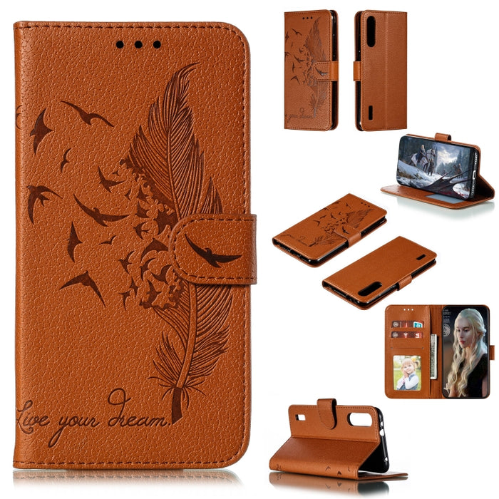 Estuche de cuero con tapa horizontal con textura de litchi con patrón de plumas con billetera y soporte y ranuras para tarjetas, For Xiaomi Redmi 7, For Xiaomi Redmi 7A, For Xiaomi Redmi K20, For Xiaomi Redmi Note 7, For Xiaomi Mi 9, For Xiaomi Mi 9 SE...