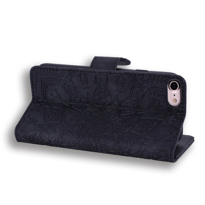 Estuche de cuero en relieve con diseño plegable doble con patrón de becerro con billetera y soporte y ranuras para tarjetas