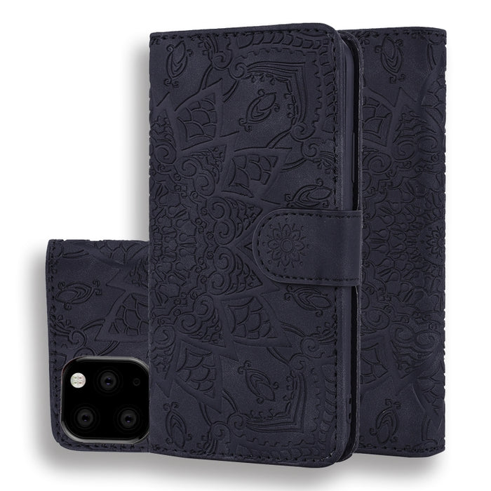 Estuche de cuero en relieve con diseño plegable doble con patrón de becerro con billetera y soporte y ranuras para tarjetas