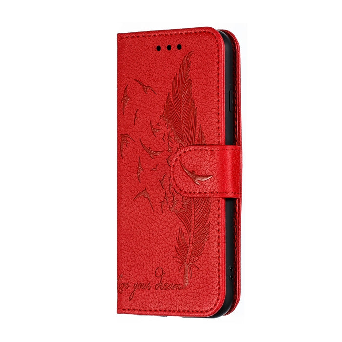 Estuche de cuero con tapa horizontal con textura de litchi con patrón de plumas con billetera y soporte y ranuras para tarjetas