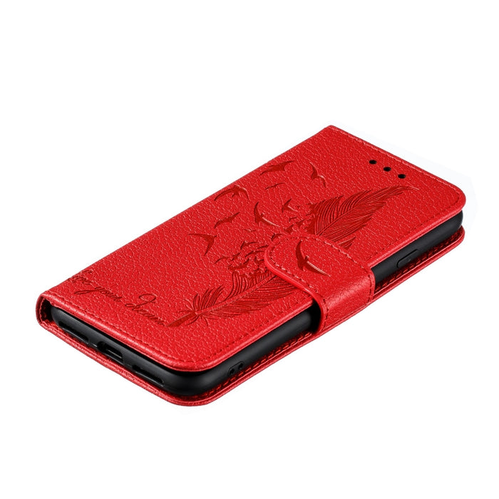 Estuche de cuero con tapa horizontal con textura de litchi con patrón de plumas con billetera y soporte y ranuras para tarjetas