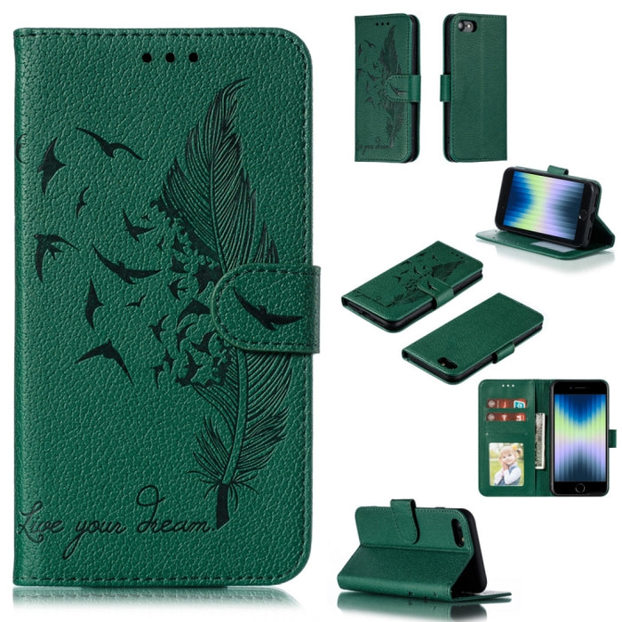 Estuche de cuero con tapa horizontal con textura de litchi con patrón de plumas con billetera y soporte y ranuras para tarjetas