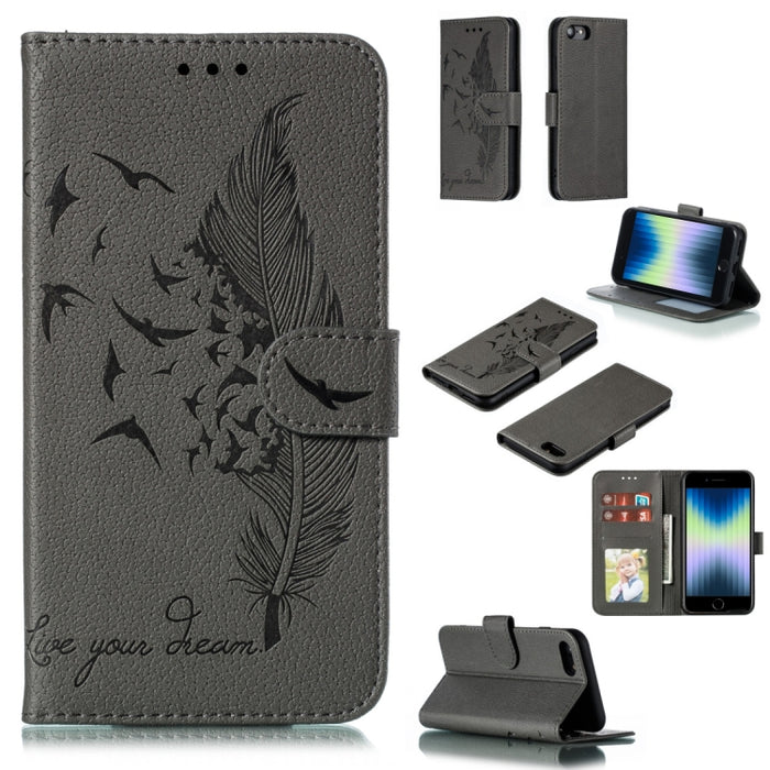 Estuche de cuero con tapa horizontal con textura de litchi con patrón de plumas con billetera y soporte y ranuras para tarjetas