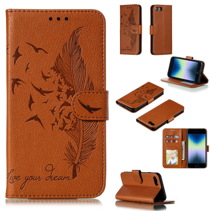 Estuche de cuero con tapa horizontal con textura de litchi con patrón de plumas con billetera y soporte y ranuras para tarjetas