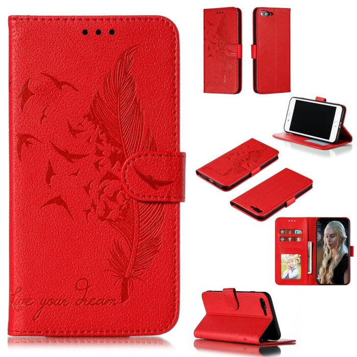 Estuche de cuero con tapa horizontal con textura de litchi con patrón de plumas con billetera y soporte y ranuras para tarjetas