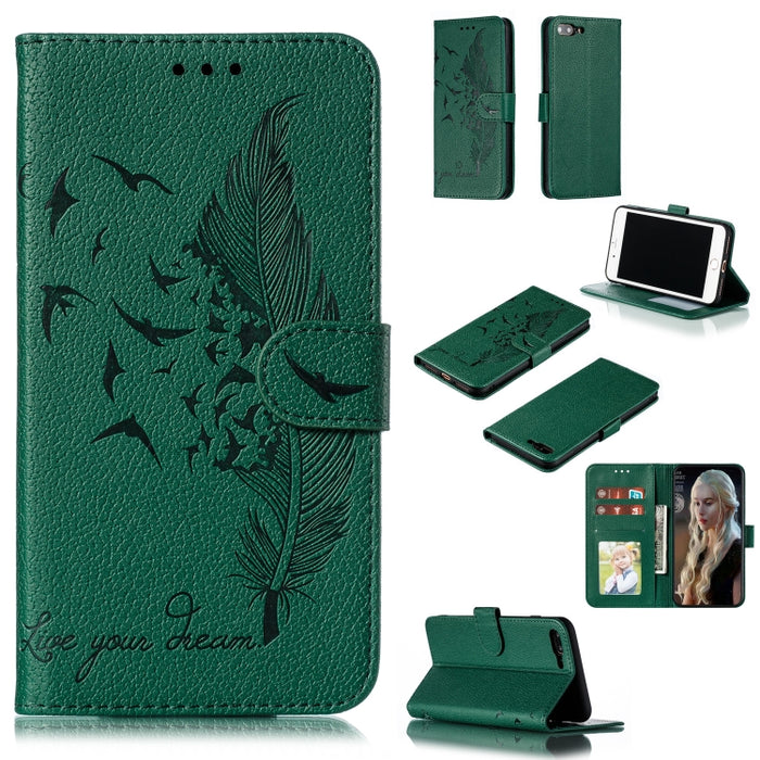 Estuche de cuero con tapa horizontal con textura de litchi con patrón de plumas con billetera y soporte y ranuras para tarjetas